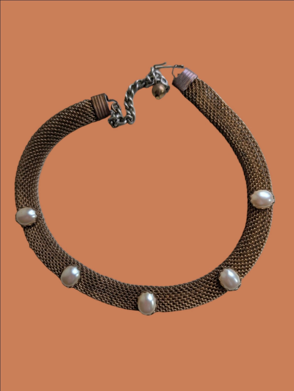 Vintage Necklace Pearl Accent Bronze Mesh Choker Collar Style Necklace 1960s